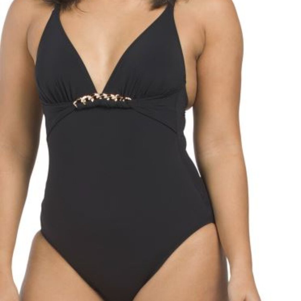 NWT PROFILE BY GOTTEX Unchain My Heart V-Neck One-piece Swimsuit -Black Size 14